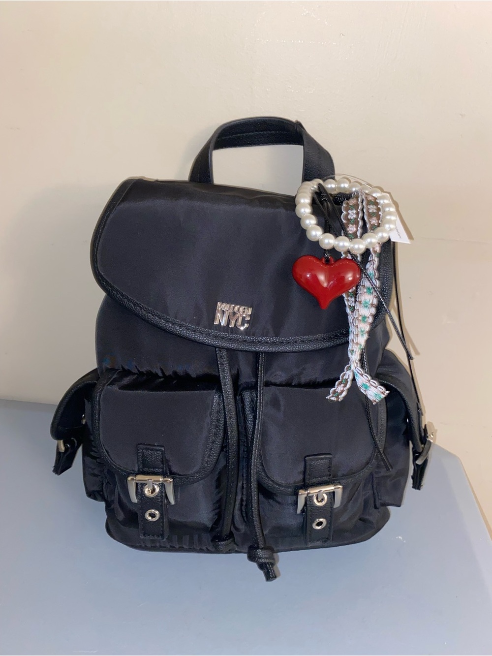 Madden NYC Black Small Backpack with Bag Charms